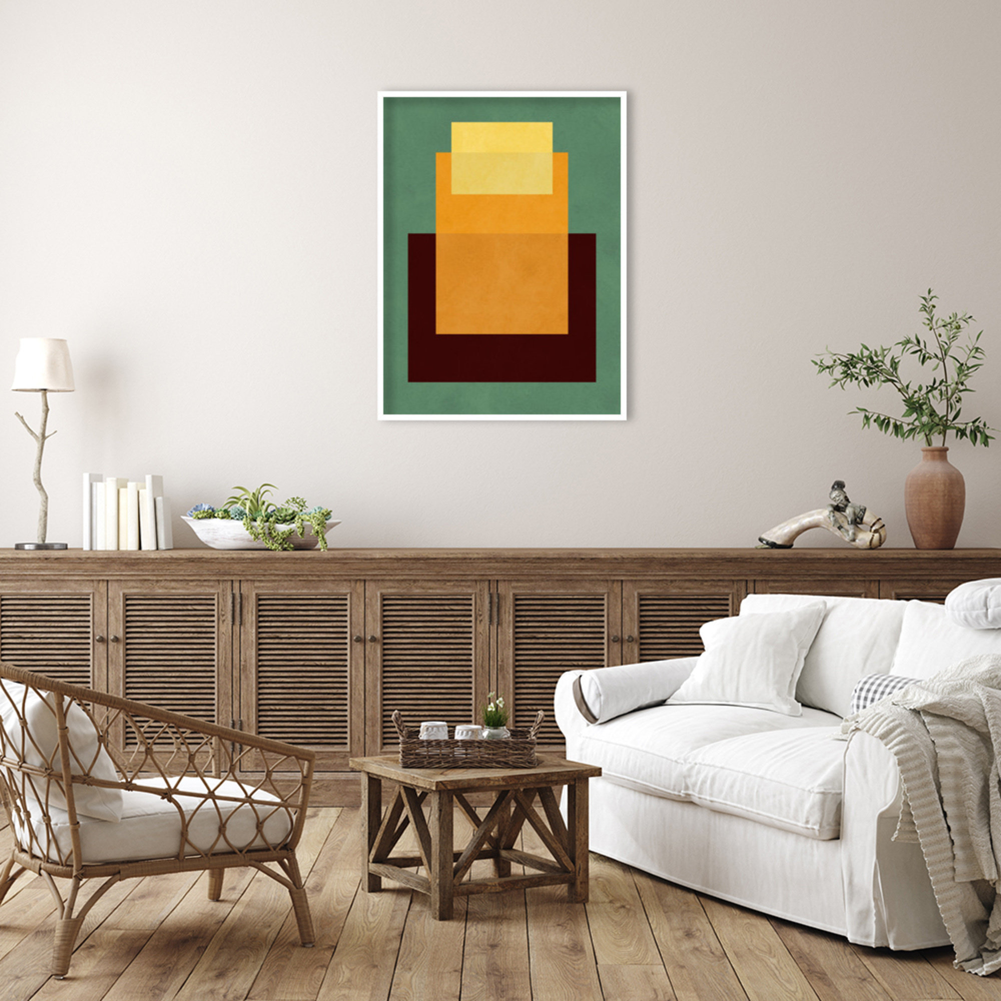 Overlapping geometry 10 by Norvin Wood Framed Wall Art Print, White, Green/Orange, 41" H x 31" W