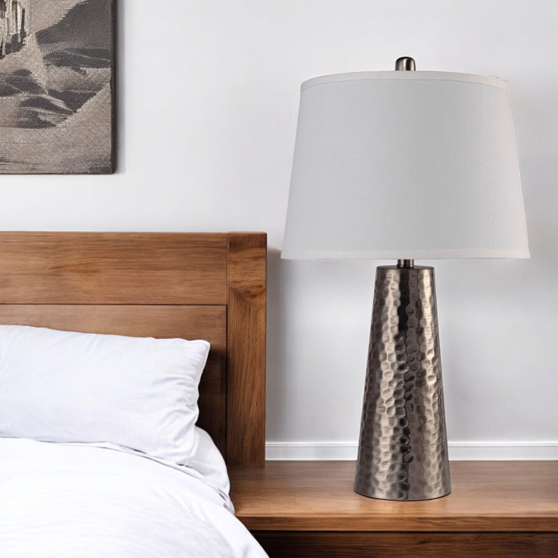 35" Distressed Brown Metal Table Lamp With White Empire Shade, Antique Brass, 35 '' H x 15 '' W x 15 '' D