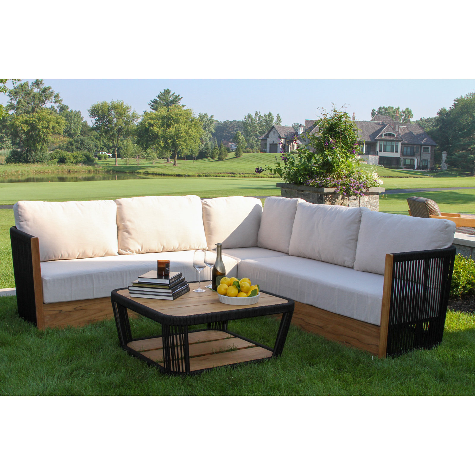 Aniston 3-piece Teak & Black Rope Sectional Seating Set With Sunbrella Cushions