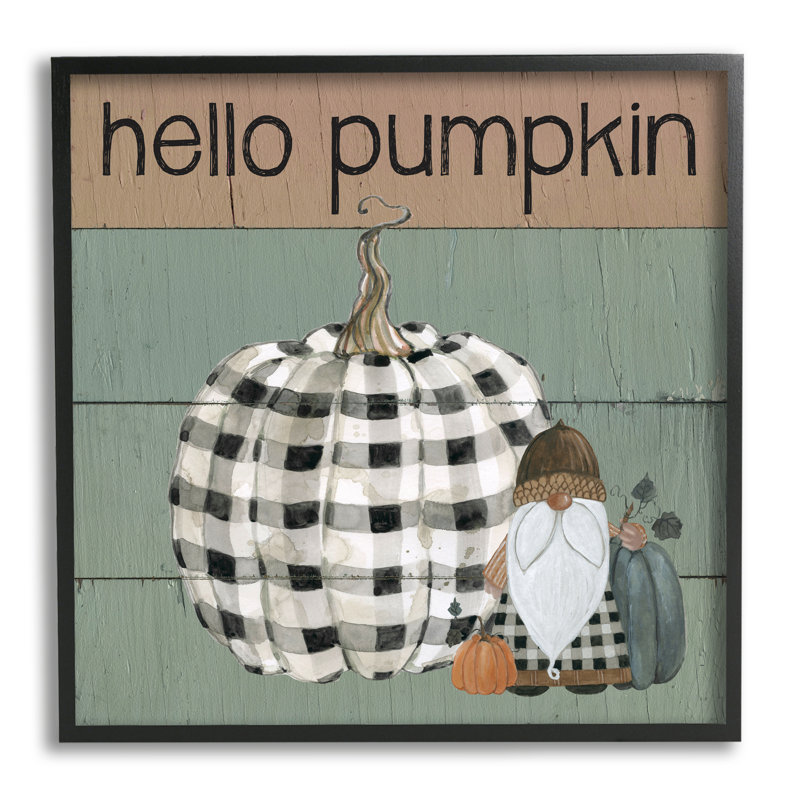 Gnome écossais «Hello Pumpkin», H 17 po x l 17 po x P 1,5 po, Giclée encadrée noir minuit