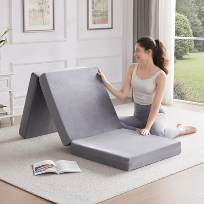 Foldable Mattress, 4 Inch Portable Folding Mattress, Foam Trifold Mattress Topper, Breathable And Soft Washable Velvet Cover For Yoga, Travel And Guest Mat With Storage Bag,Grey