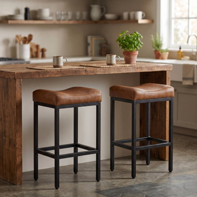 Bar Stools Set Of 2, 30.25" Backless Counter Height Bar Stools With Soft Leather Seat And With Footrest, 400 LB Heavy Duty Padded Saddle Barstool Chair For Modern Kitchen Island Counter