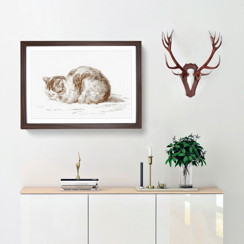 The Resting Cat by Jean Bernard - Picture Frame Drawing Print, 36cm H x 48cm W x 2cm D, Walnut Framed