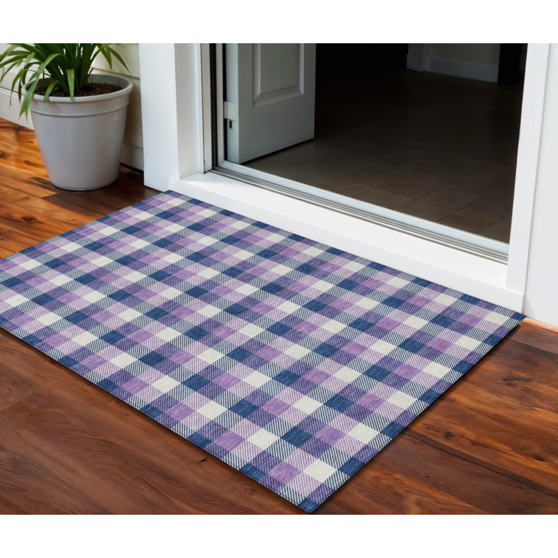 HomeRoots 3' X 5' Navy Blue Purple And Beige Plaid Washable Indoor Outdoor Area Rug