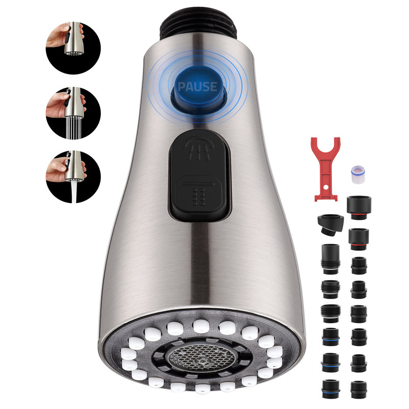Robinet de cuisine rétractable extractible avec 3 modes et 15 adaptateurs en nickel brossé