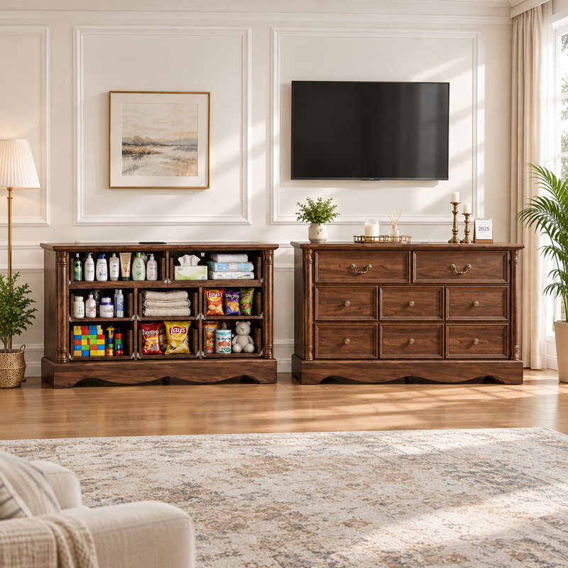 Gorritz 8 Drawers Dresser, 54" Wide Farmhouse Chest of Drawers with Charging Station, Brown
