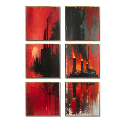 Red Black Industrial Polution Power Plant - Power Plants Wall Decor Set Of 6