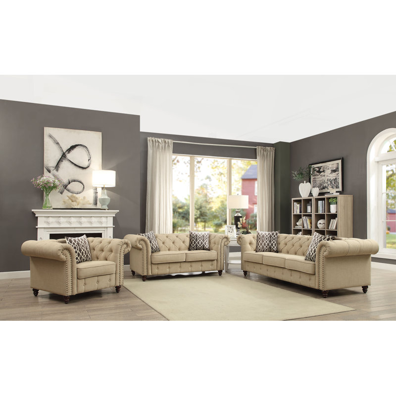 Transitional Tufted Loveseat with 2 Pillows in Beige