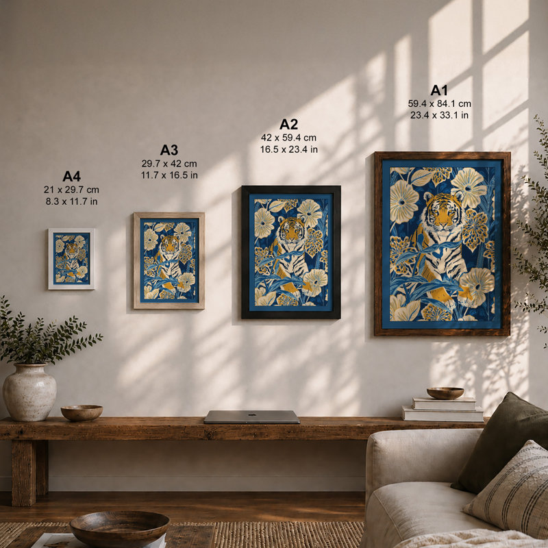 Tiger in Bloom Botanical - Framed Print, A2 - 59.4 x 42.0 cm, Oak