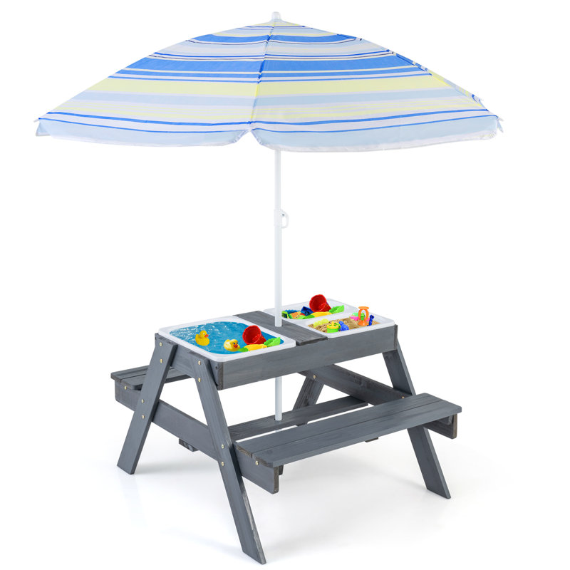 Ensemble de table et banc d'activités en bois pour enfants avec table à sable et eau 4-en-1 avec 3 boîtes amovibles avec couvercles et parasol réglable 