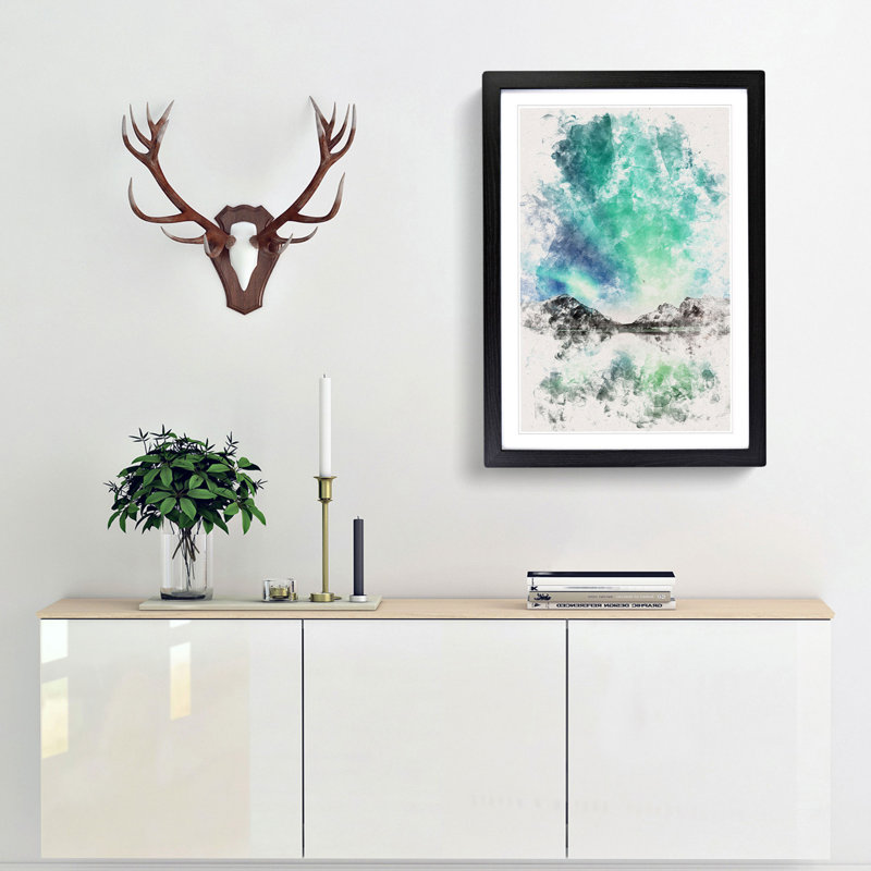 Northern Lights over Skagsanden Beach - Picture Frame Painting Print, 33cm H x 24cm W x 2cm D, Black Framed