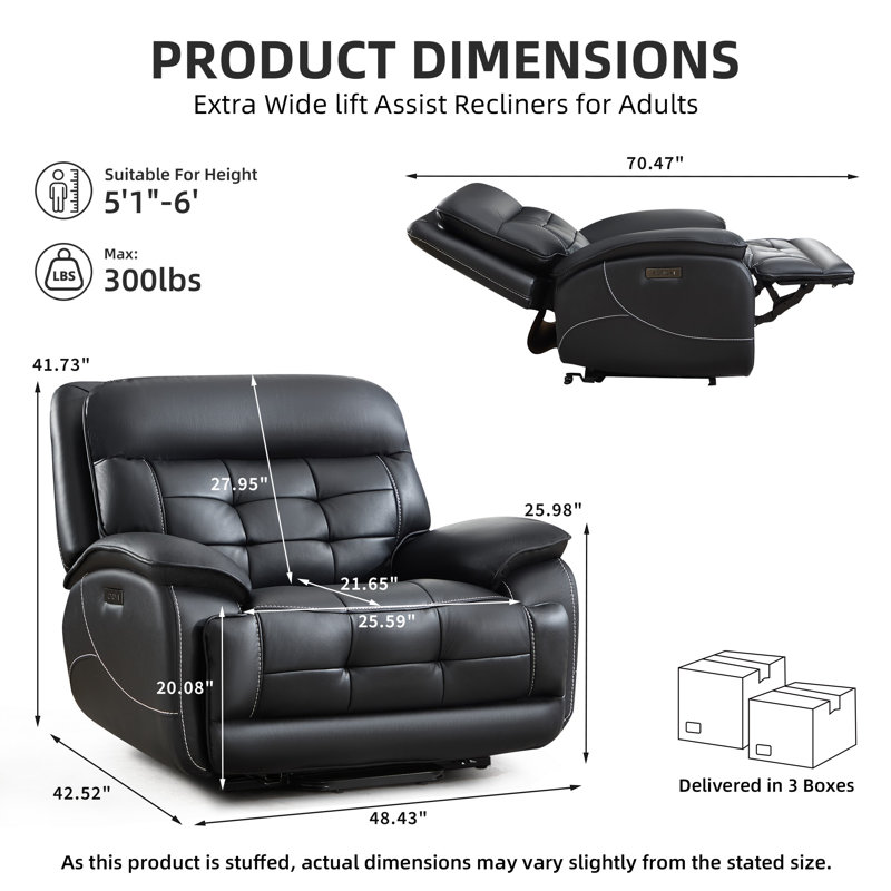 48.43'' Wide Oversized Faux Leather Power Lift Recliner With 8-Point Massage, Lumbar Heat, USB & Type-C Ports, Black