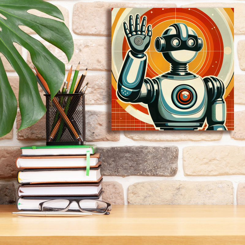  «Retro Robot Hello» par Rey Klimt, art mural sur toile, 12 po x 12 po, H 12 po x l 12 po