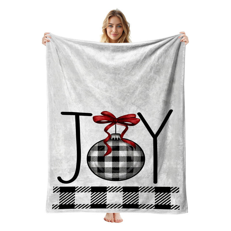 Plaid de Noël en flanelle polaire JYK, léger, respirant, doux et chaud en microfibre pelucheuse, 127 x 152 cm, ruban décoratif « Joy ».