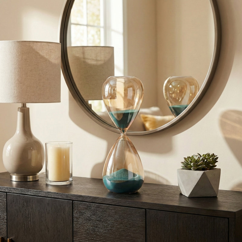 Decorative Glam Glass Hourglass Sculpture for Office Decor - Modern Object Accent for Bedroom Styling, Living Room Tabletop or Home Decoration - Gold