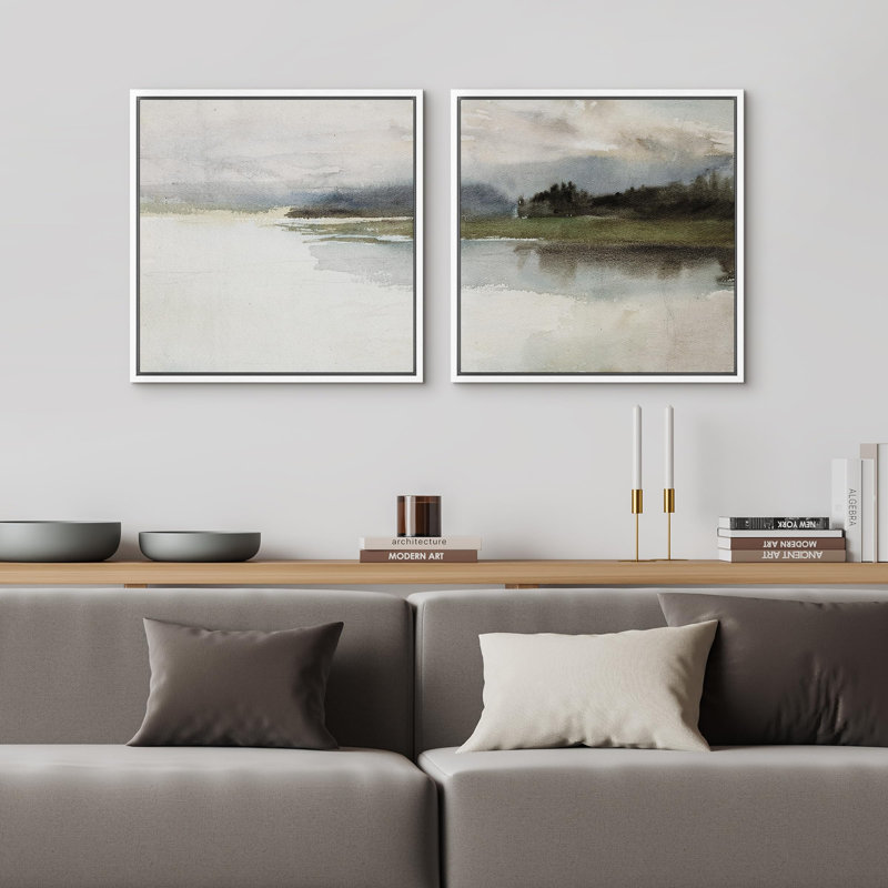 Ambiance lac brumeux apaisant, nature abstraite, paysage, illustrations, art moderne, détente minimale / calme