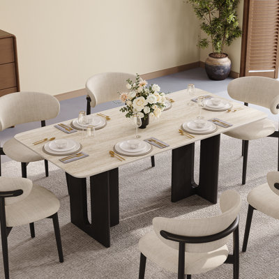 63'' Sintered Stone Dining Table for 6, Rectangle Modern Dining Table with Double Wood Legs, Mid Century Modern Kitchen Table