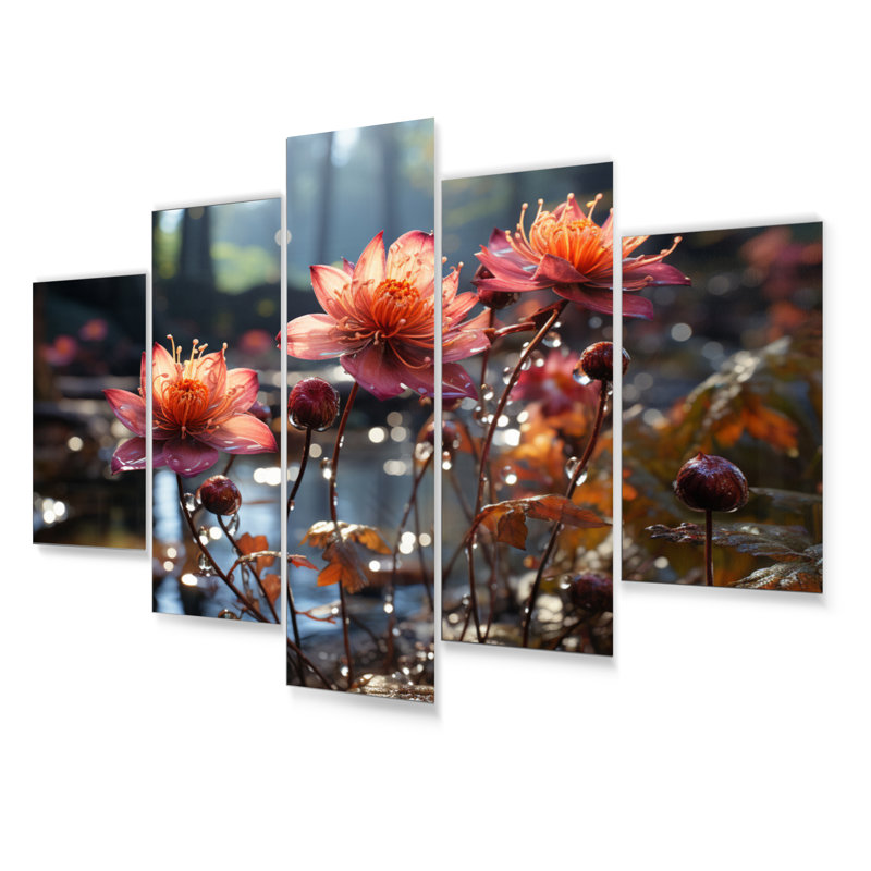 Corail orange sauvage par la rivière II - ensemble d'art mural floral en métal