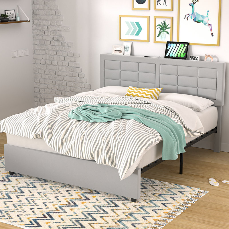 Kempst Upholstered Queen Size Bed Frame with Adjustable Headboard, Queen Platform Bedframe with Charging Station, Mattress Foundation with Wooden Slats Support, No Box Spring Needed