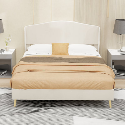 Structure de lit double pleine grandeur avec tête de lit rembourrée, velours Holland, conception silencieuse durable, beige