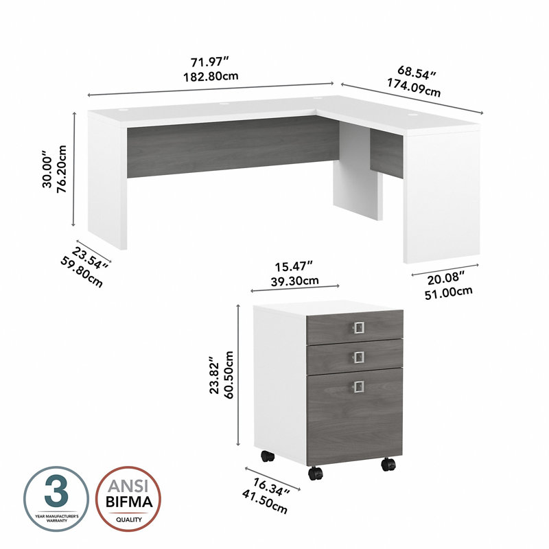 Bureau d'ordinateur en L 72 po avec classeur mobile 3 tiroirs Office By Kathy Ireland®