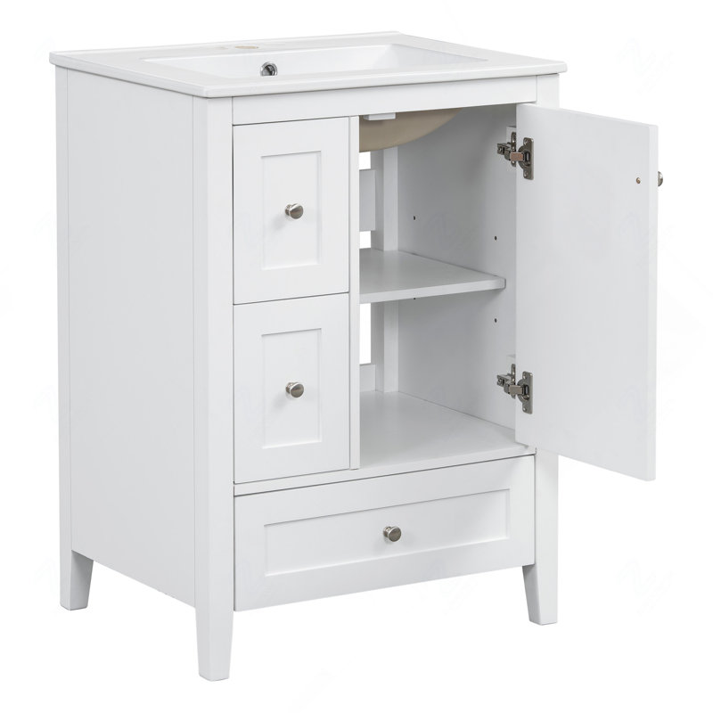 Meuble-lavabo de 24 po avec rangement, tablette réglable, panneau de fibres à densité moyenne et bois d'hévéa, cloisons amovibles, finition blanc brillant