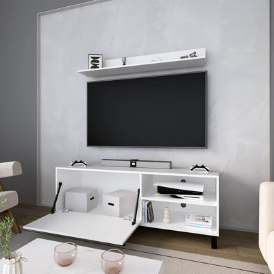 Crisp White Tv Stand With Filling And Open Storage For Essentials, 1-Door Design Compactness, Arms Smooth Height Regulation, Particle Board Construction, 68 Lb Weight Easy Reach, Effortless