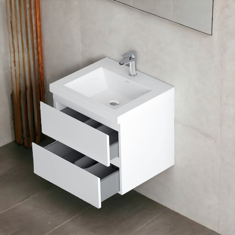 Carol-Ann 23.6'' Fully Assembled Wall Mounted Single Bathroom Vanity with Stone Resin Vanity Top, Glossy White, White