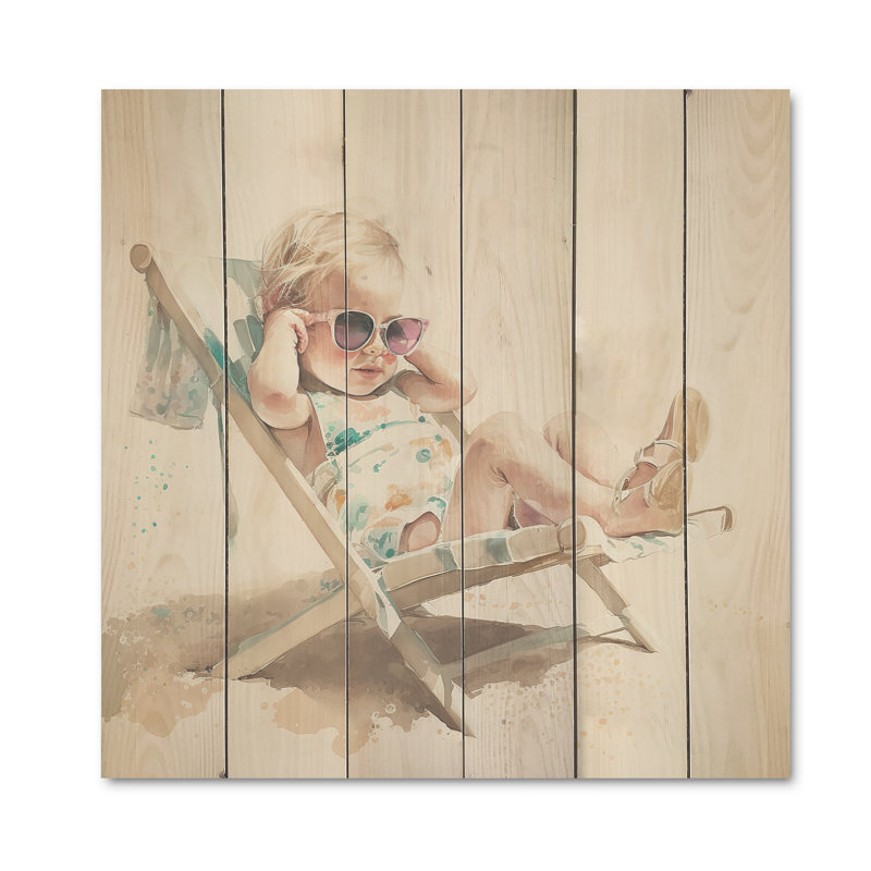 Ulus, enfant sur la plage I - impression sur bois sans cadre, H 16 po x l 16 po x P 1 po