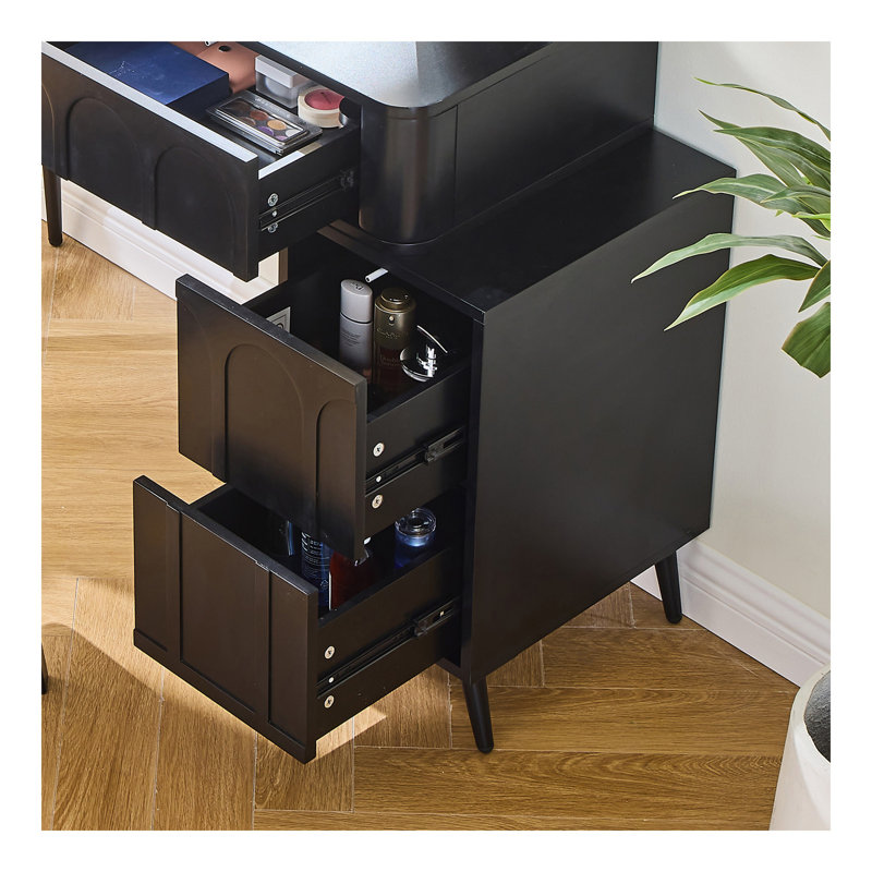 Meuble-lavabo moderne avec lumières DEL et miroir, ensemble de coiffeuse 4 tiroirs avec tabouret, luminosité à intensité variable de 3 couleurs, peu encombrant pour la chambre à coucher