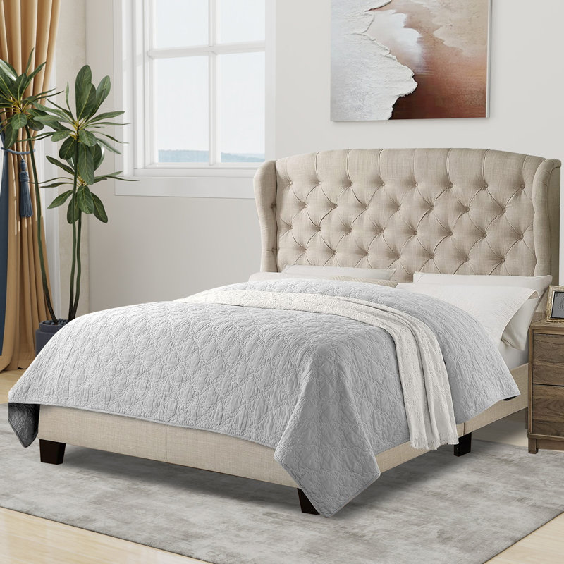 Lit tapissier en tissu, base de lit à hauteur réglable capitonnée, Grand, Beige