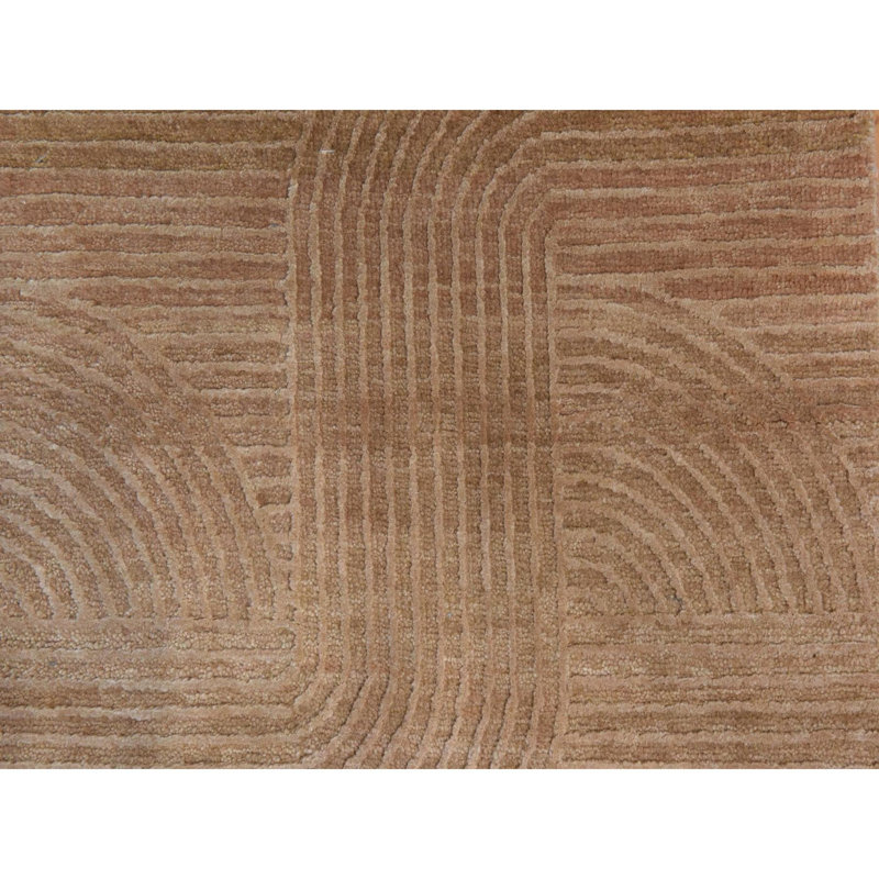 Tapis oriental brun pâle 2 pi x 3 pi 2 po en soie et en laine sculptée, rayé, style Art nouveau, noué à la main