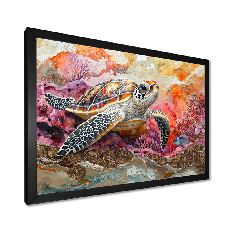 Aquarium, tortue, corail, sanctuaire I - tortue, art mural sur toile, H 30 po x l 40 po, Noir