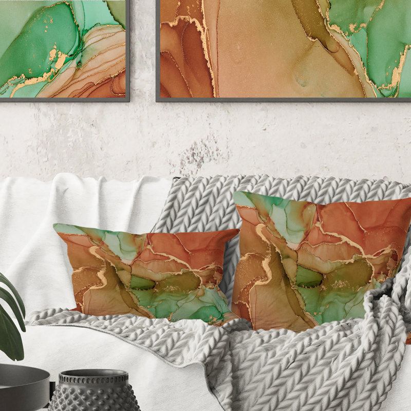 Turquoise et brun, art abstrait fluide de luxe V - coussin décoratif moderne, 16 po x 16 po