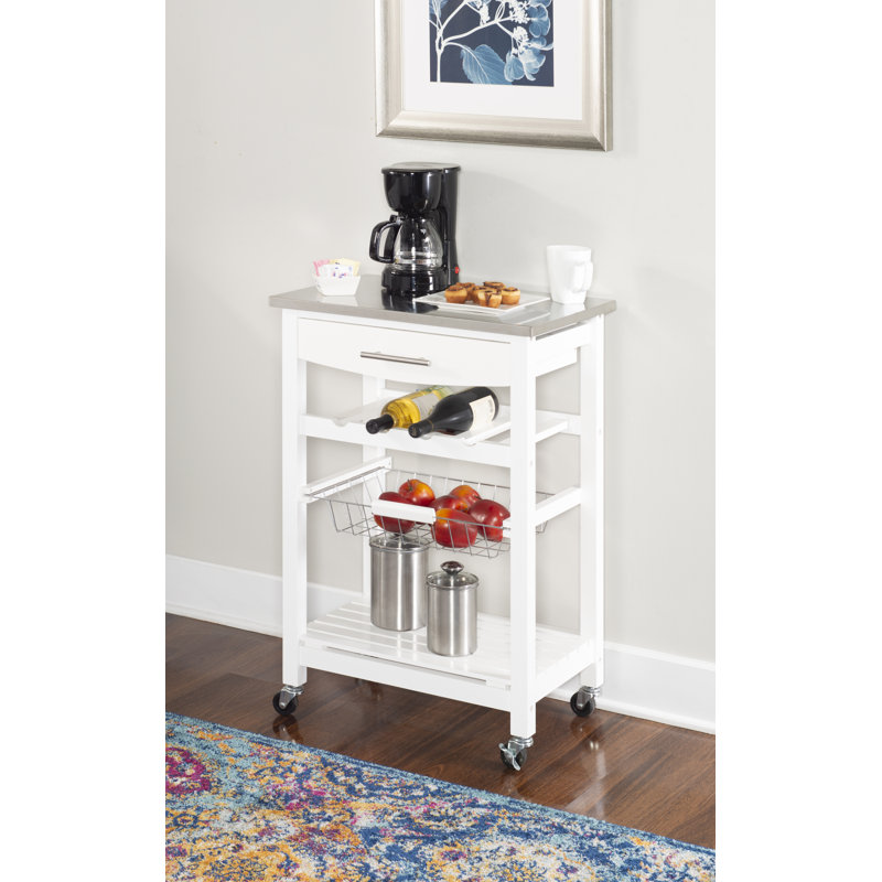 Chariot de cuisine en granit avec tiroir utilitaire et panier Macy, Acier Inoxydable, Blanc