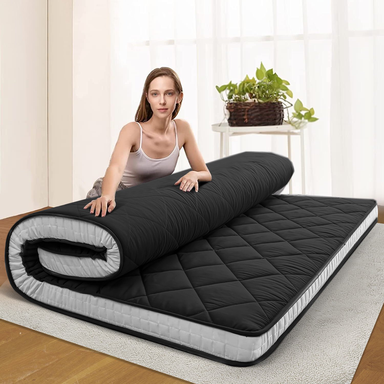 Memory Foam Folding Mattress, Portable Bed Pads, Futon Sleeping Toppers,  Single or Double Roll Up Pad, Soft Cotton Floor Bed Mats, Easy Storage Sofa