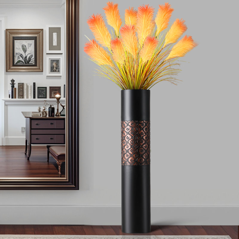Grand vase de plancher en résine noire et bronze estampé, grand vase cylindrique décoratif, décor rustique moderne pour le salon et le vestibule