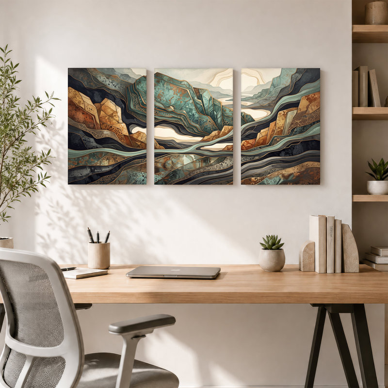 Ensemble de 3 toiles dorées bleu sarcelle et paysage de montagne brun, H 36 po x l 24 po x 3 pièces
