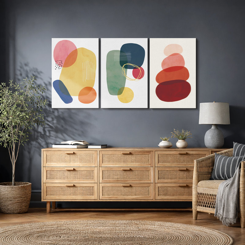 Abstract Vibrant Color Blocks "Boho Bold Bright Circle Artwork, Geometric Colorful Modern Wall Pictures, Framed Canvas Giclée Print 3 Pieces Wall Art" 16"x24"x3 pcs, 24"x36"x3 pcs