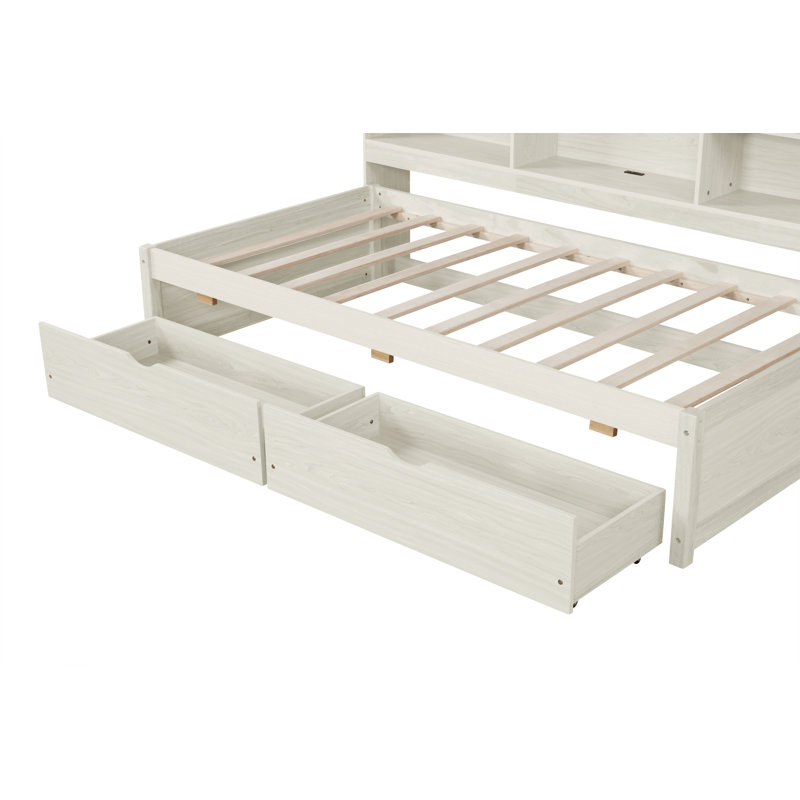 Structure de lit simple avec tablettes latérales, deux tiroirs et port USB intégré, Blanc crémeux