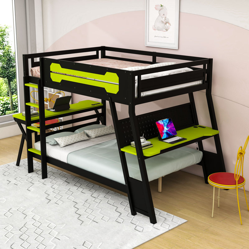Lit superposé avec deux bureaux de jeu, ports USB et rangement perforé, Complète, Vert