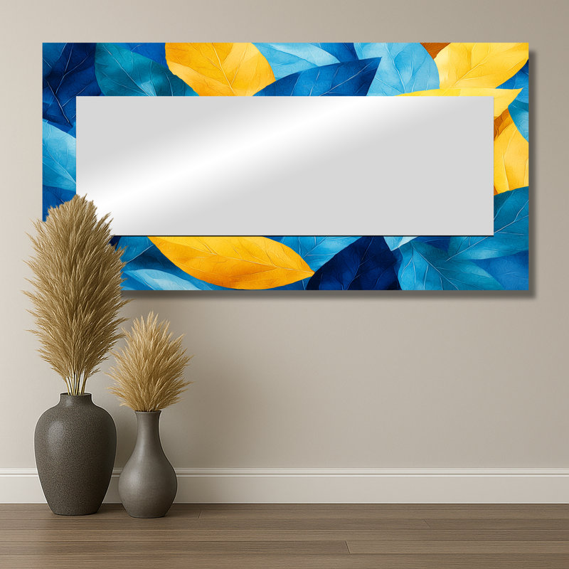 Feuilles numériques bleues et jaunes II - art mural miroir floral - imprimé sur métal, 28 po x 55 po