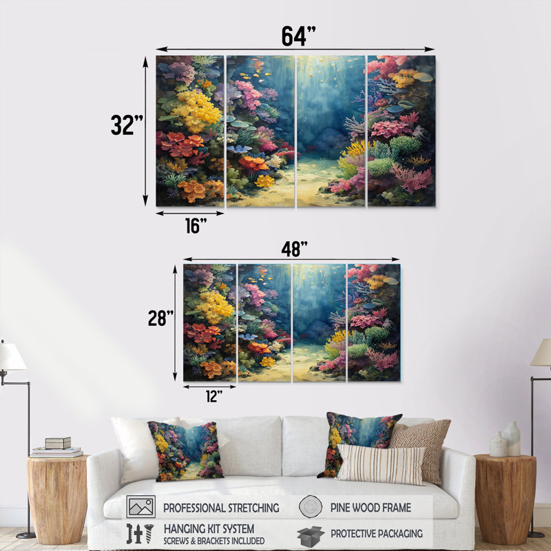 Ensemble de salon Blue Coral Sea Floor Symphony II - art mural corail, H 32 po x l 64 po
