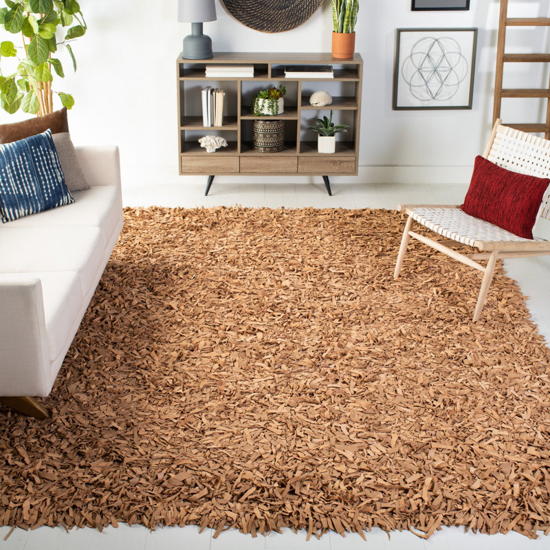 Arik Handwoven Leather/Cotton Solid Color Rug in Light Gold, Rectangle 5' x 8'
