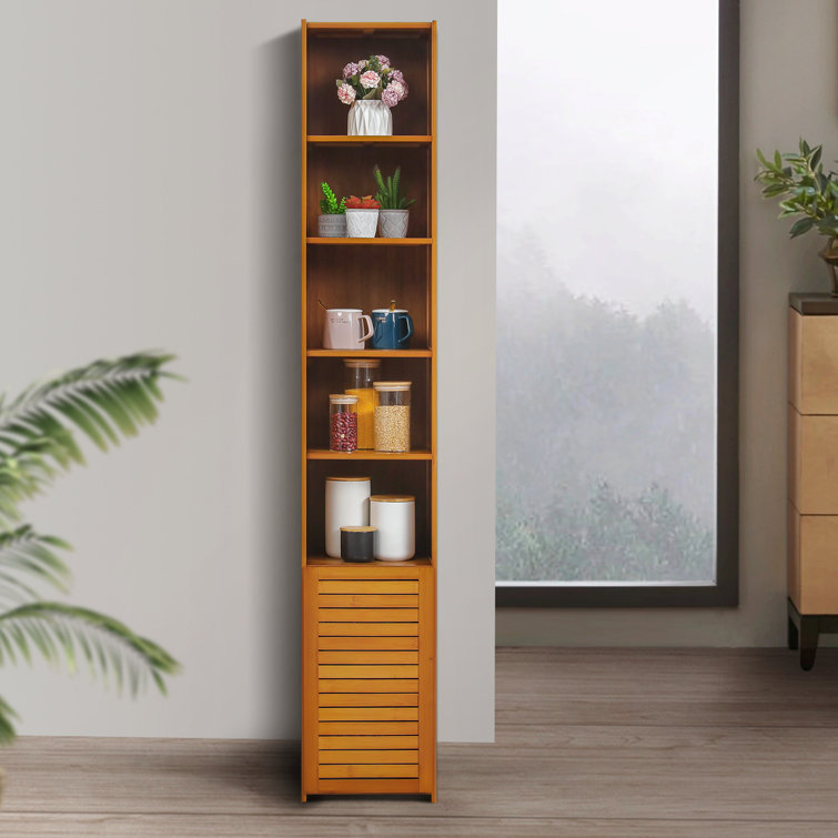 Kayana Narrow Bamboo Storage Bookcase Cabinet with Shuttered Door