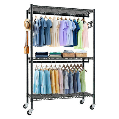 Rolling Clothes Rack, Heavy Duty Clothes Rack with Wheels, 3 Tiers Adjustable Wire Shelving Clothes Rack with 2 Clothes Rails and Side Hooks, Freestanding Portable Closet Organizer, Black