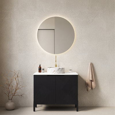 30" Bathroom Vanity with Sinkwith 2 Doors, White Round Ceramic Basin with Stone Pattern and White Counter Top, No Faucet, Black