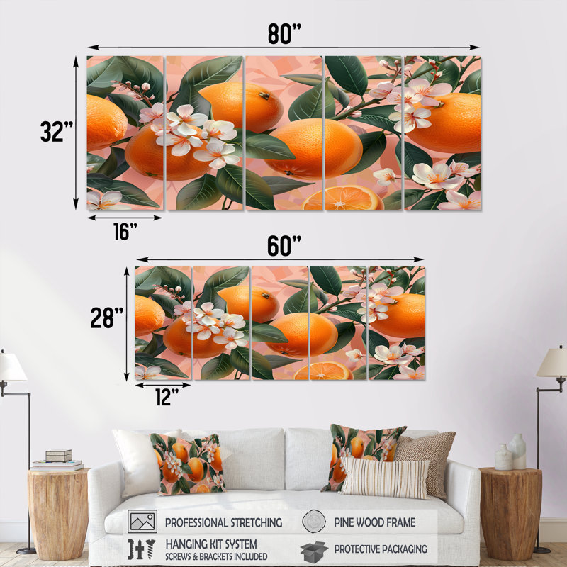 Ensemble de salon art floral jaune, rose, orange, orange, arbres IV, H 28 po x l 60 po