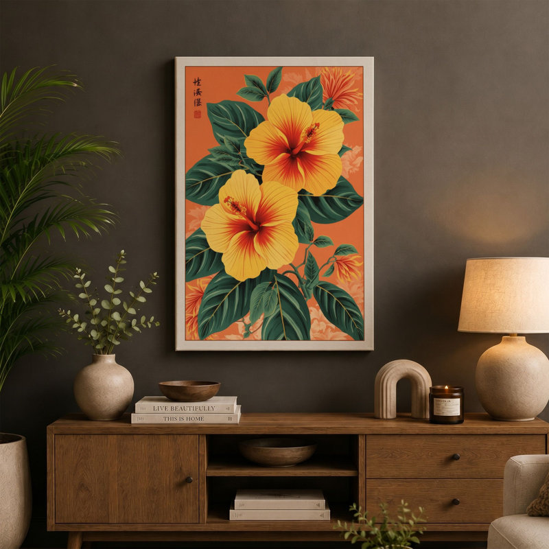 Hibiscus in Gold Botanical - Wrapped Canvas, 18x12 - 45.7 x 30.5 cm, White Border
