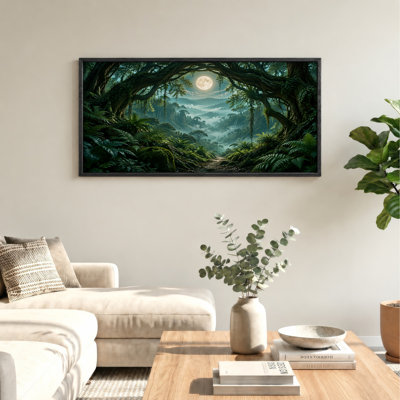 Mossy Tree Arch Over Misty Forest Path Under Full Moon Canvas Wall Art